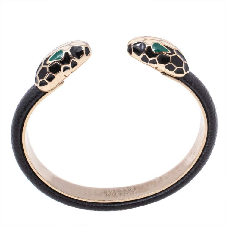 Pre Owned Bvlgari Serpenti Forever Black Leather Cuff Bracelet 