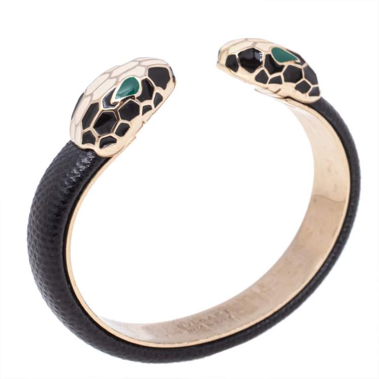Pre Owned Bvlgari Serpenti Forever Black Leather Cuff Bracelet 