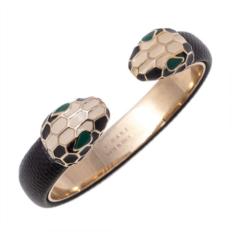 Pre Owned Bvlgari Serpenti Forever Black Leather Cuff Bracelet 
