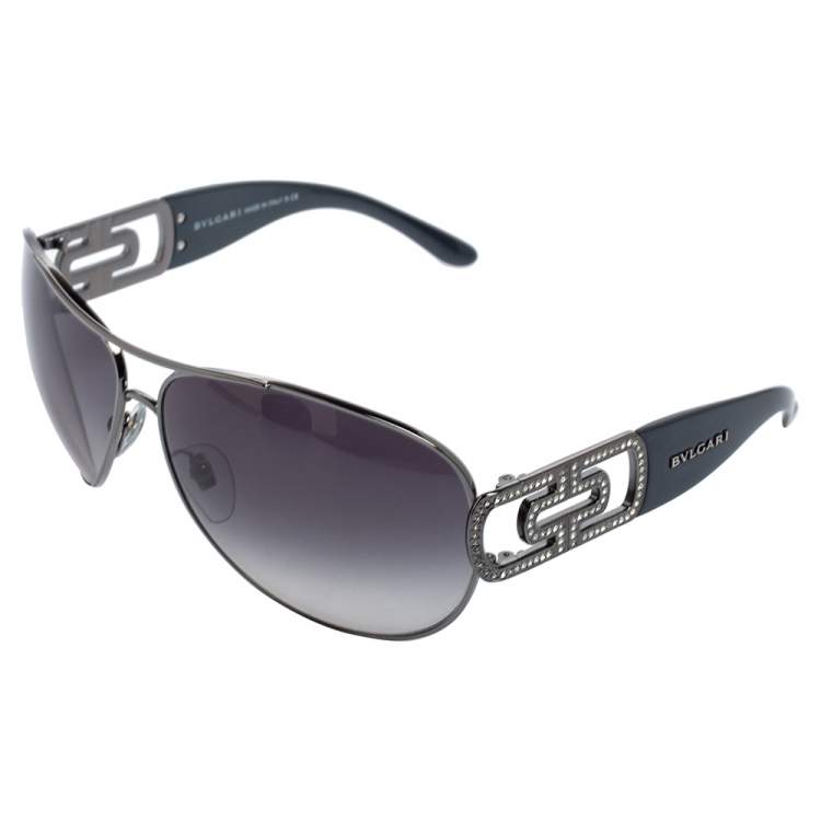 Pre Owned Bvlgari Black Acetate 6012 Jeweled Temple Gradient Aviator Sunglasses