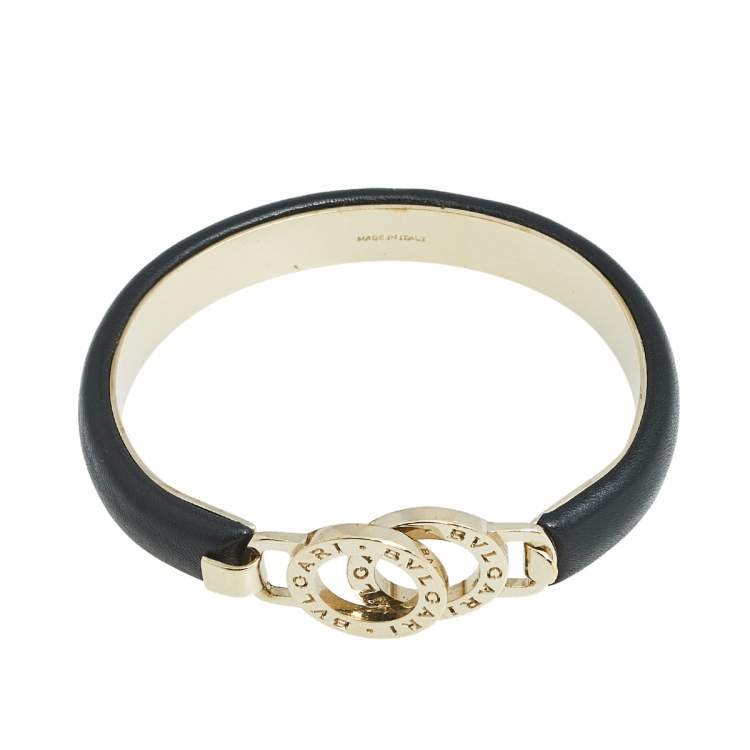 مملوكة مسبقًا Bvlgari Bvlgari Black Leather Interlocking Circles Cuff Bracelet