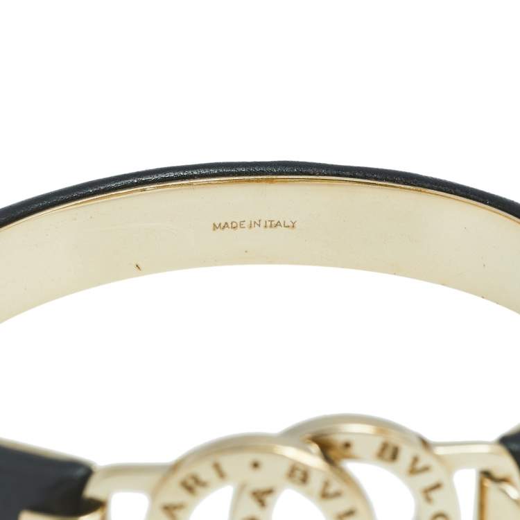 مملوكة مسبقًا Bvlgari Bvlgari Black Leather Interlocking Circles Cuff Bracelet