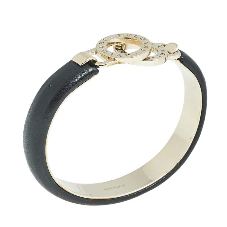 مملوكة مسبقًا Bvlgari Bvlgari Black Leather Interlocking Circles Cuff Bracelet