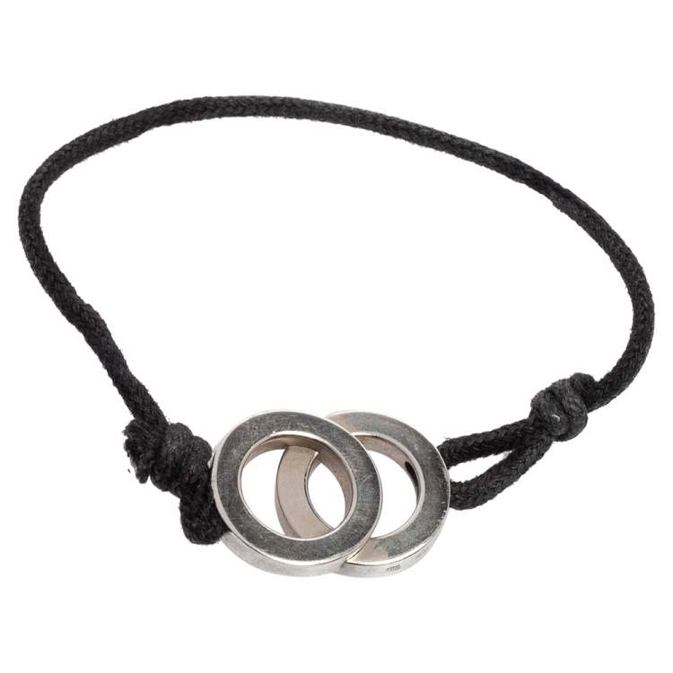 Pre Owned Bvlgari Fortuna Interlocking Circles Sterling Silver Black Cord Bracelet