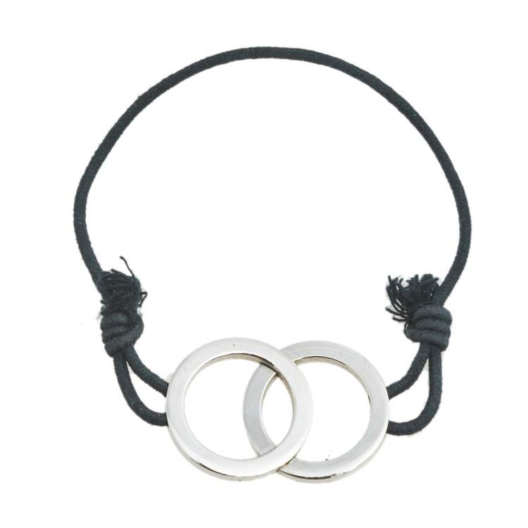 Pre Owned Bvlgari Fortuna Interlocking Circles Silver Black Cord Bracelet