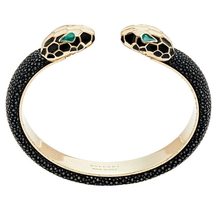 Pre Owned Bvlgari Serpenti Forever Black Galuchat Leather Cuff Bracelet