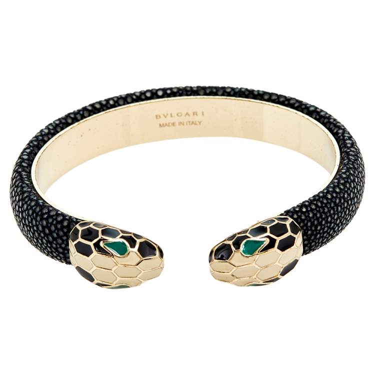 Pre Owned Bvlgari Serpenti Forever Black Galuchat Leather Cuff Bracelet