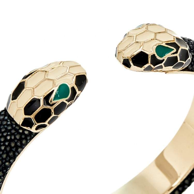 Pre Owned Bvlgari Serpenti Forever Black Galuchat Leather Cuff Bracelet