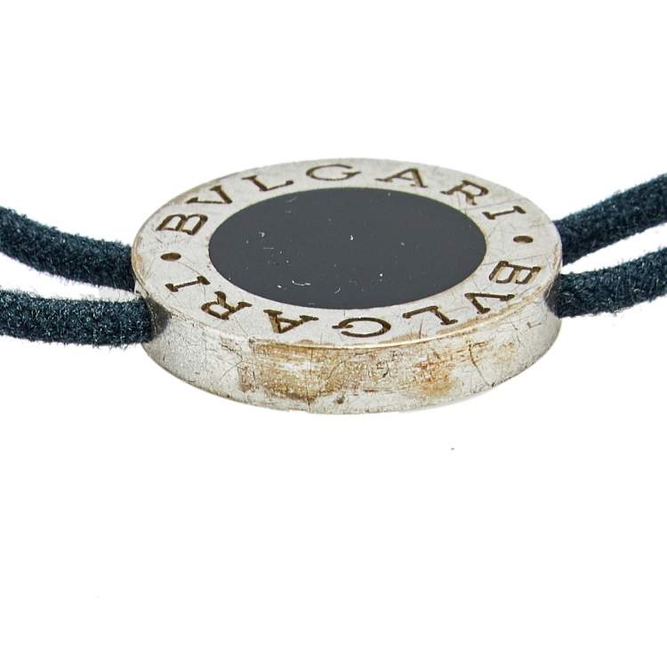 Pre Owned Bvlgari Sterling Silver Black Signature Disc Adjustable Cord Bracelet