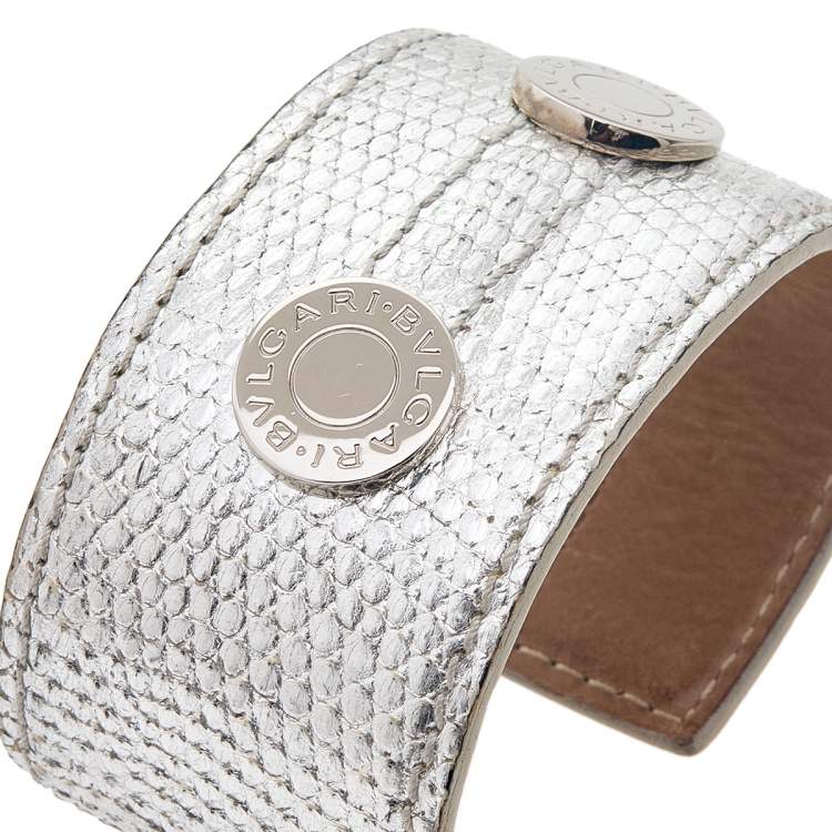 Pre Owned Bvlgari Silver Karung Leather Wide Cuff Bracelet