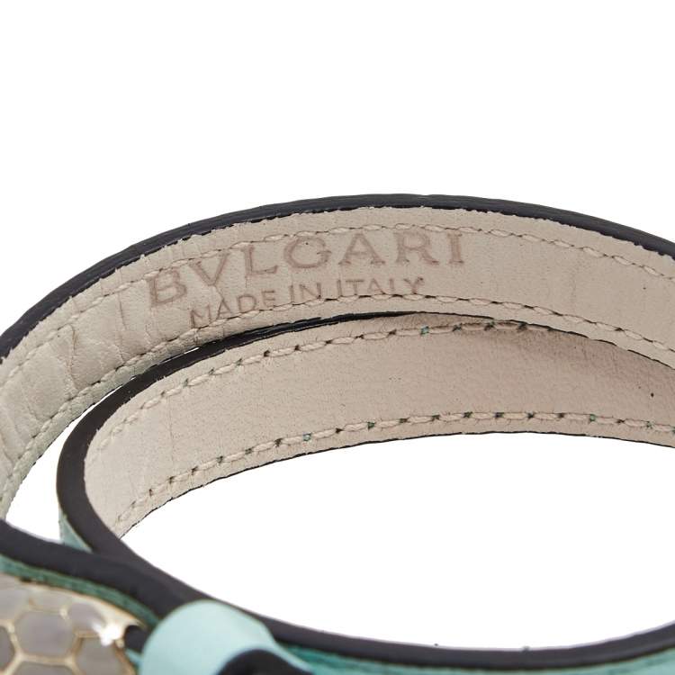 Pre Owned Bvlgari Serpenti Forever Aqua Blue Leather Gold Plated Double Coiled Bracelet