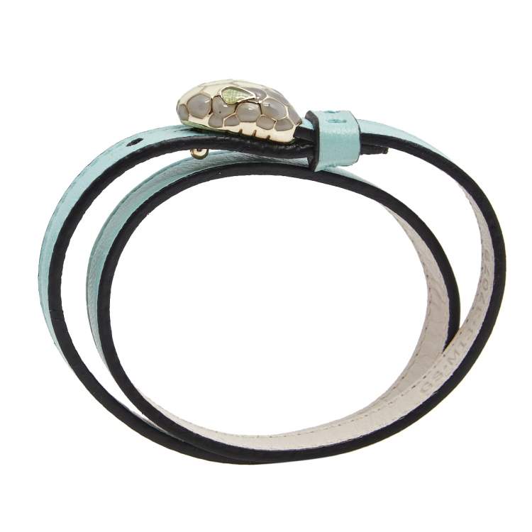 Pre Owned Bvlgari Serpenti Forever Aqua Blue Leather Gold Plated Double Coiled Bracelet