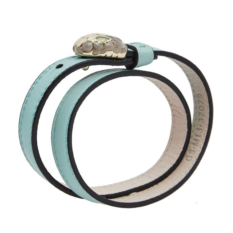 Pre Owned Bvlgari Serpenti Forever Aqua Blue Leather Gold Plated Double Coiled Bracelet