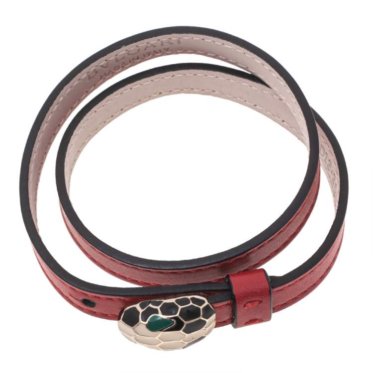 Pre Owned Bvlgari Serpenti Forever Red Leather Gold Plated Double Wrap Bracelet