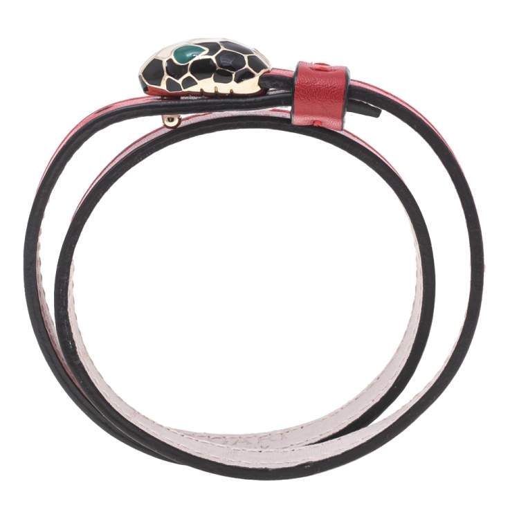 Pre Owned Bvlgari Serpenti Forever Red Leather Gold Plated Double Wrap Bracelet