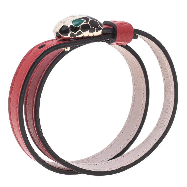 Pre Owned Bvlgari Serpenti Forever Red Leather Gold Plated Double Wrap Bracelet