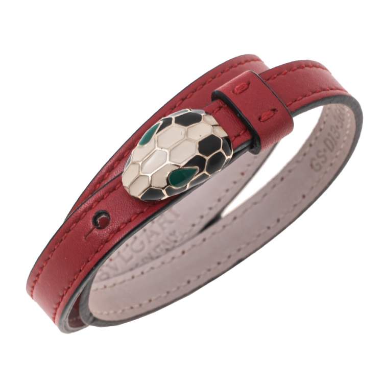Pre Owned Bvlgari Serpenti Forever Red Leather Gold Plated Double Wrap Bracelet