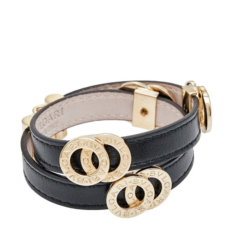 Pre Owned Bvlgari Black Leather Gold Tone Double Wrap Bracelet