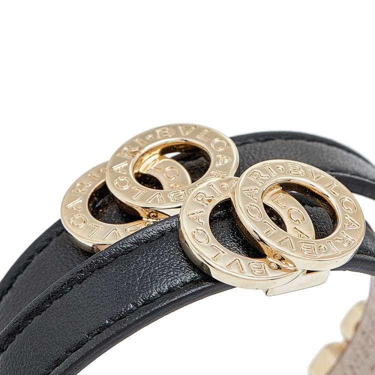 Pre Owned Bvlgari Black Leather Gold Tone Double Wrap Bracelet