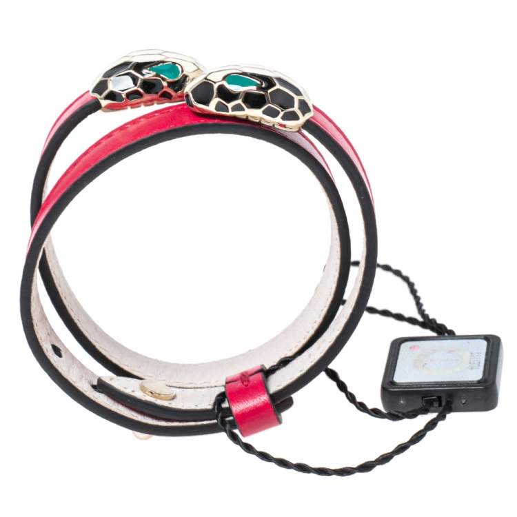 Pre Owned Bvlgari Serpenti Forever Pink Leather Double Wrap Bracelet 