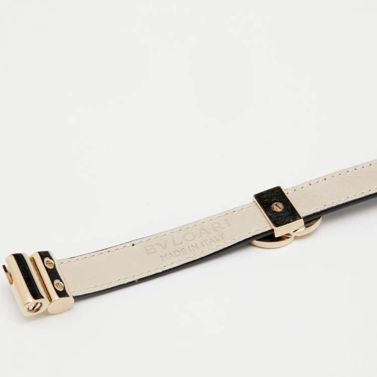 Pre Owned Bvlgari Black Leather Gold Tone Double Coiled Wrap Bracelet