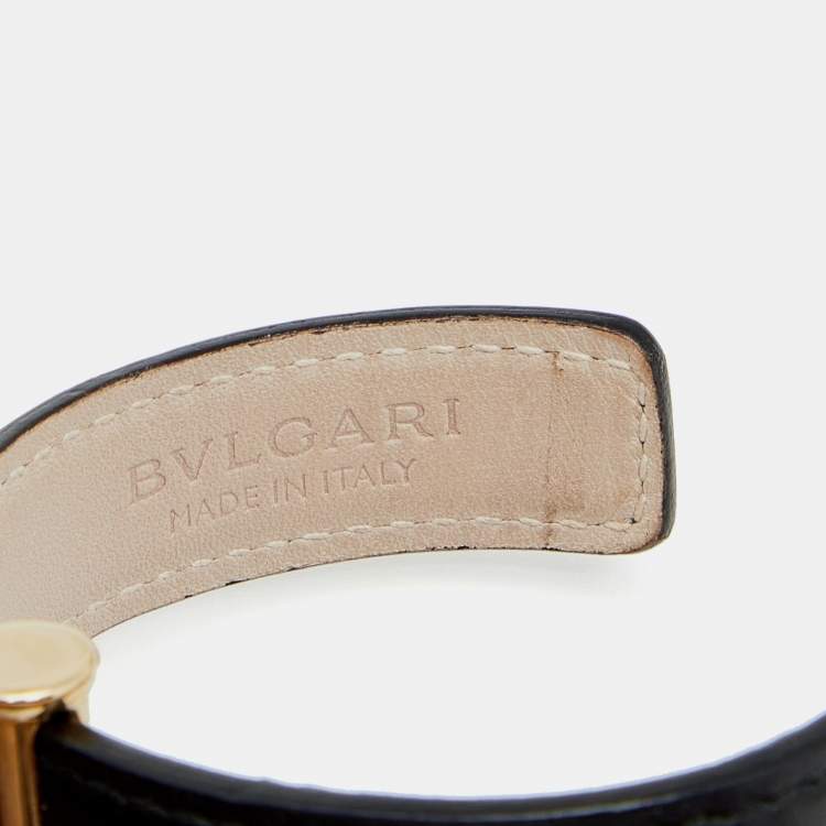 Pre Owned Bvlgari Black Leather Interlocking Circles Charm Open Cuff Bracelet
