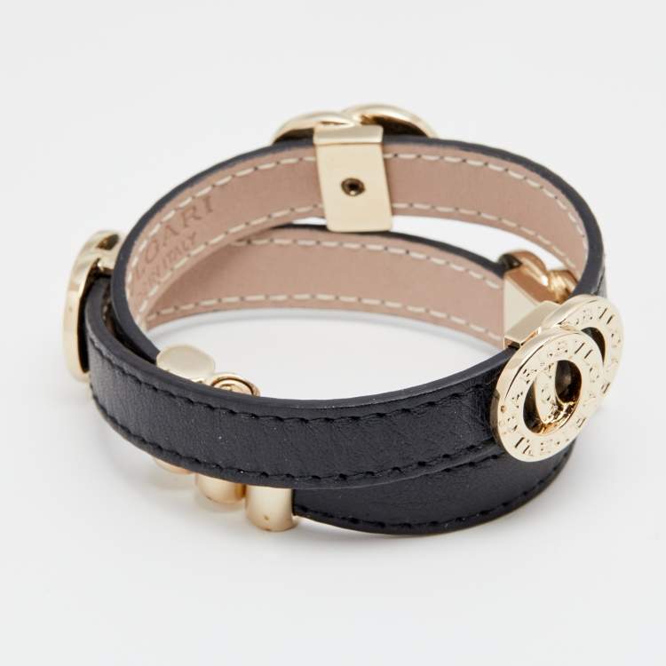 Pre Owned Bvlgari Black Leather Interlocking Rings Double Coiled Bracelet