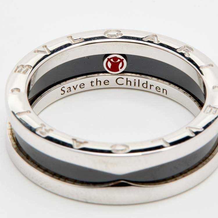 Pre Owned Bvlgari Save the Children Black Ceramic Silver Band Ring Size 62