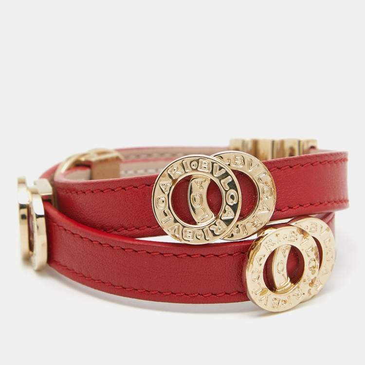 Pre Owned Bvlgari Red Leather Gold Tone Double Coiled Wrap Bracelet