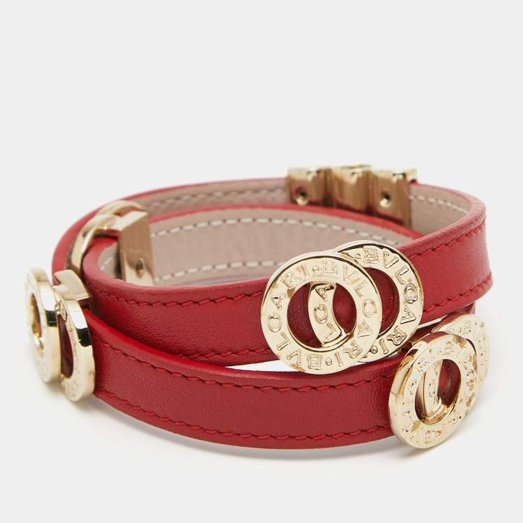Pre Owned Bvlgari Red Leather Gold Tone Double Coiled Wrap Bracelet