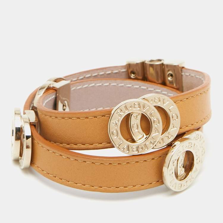 Pre Owned Bvlgari Tan Leather Gold Tone Double Coiled Wrap Bracelet