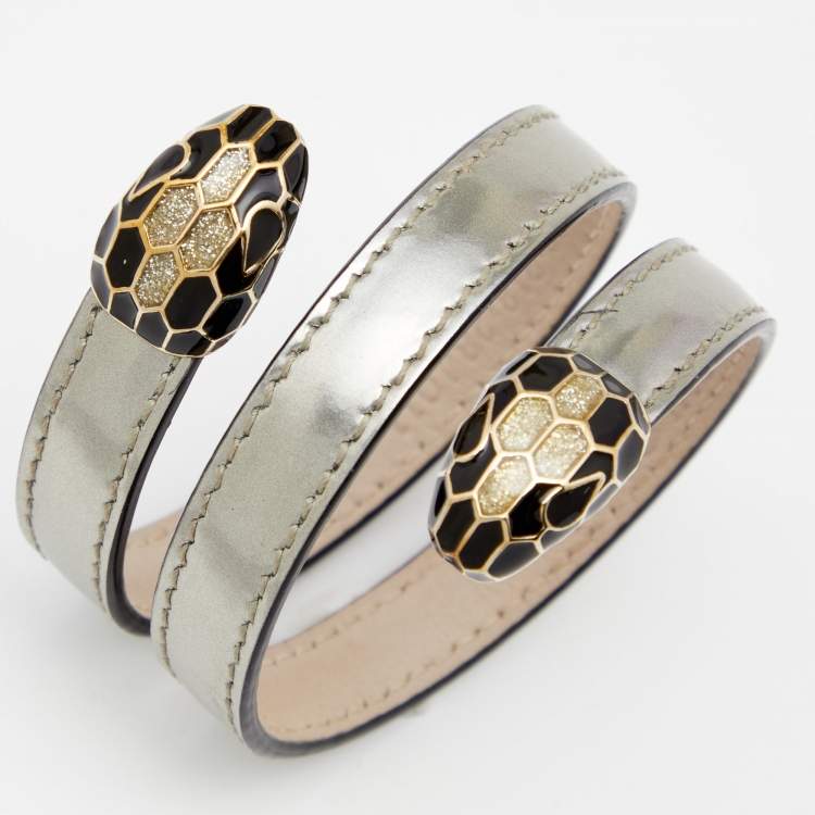 Pre Owned Bvlgari Serpenti Forever Silver Leather Cleopatra Wrap Bracelet