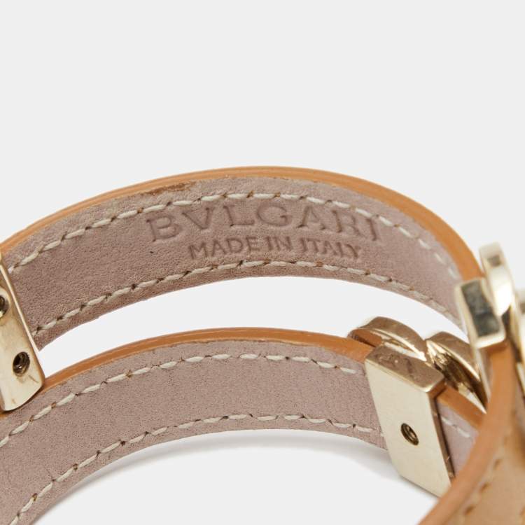 Pre Owned Bvlgari Brown Leather Interlocking Rings Double Coiled Bracelet
