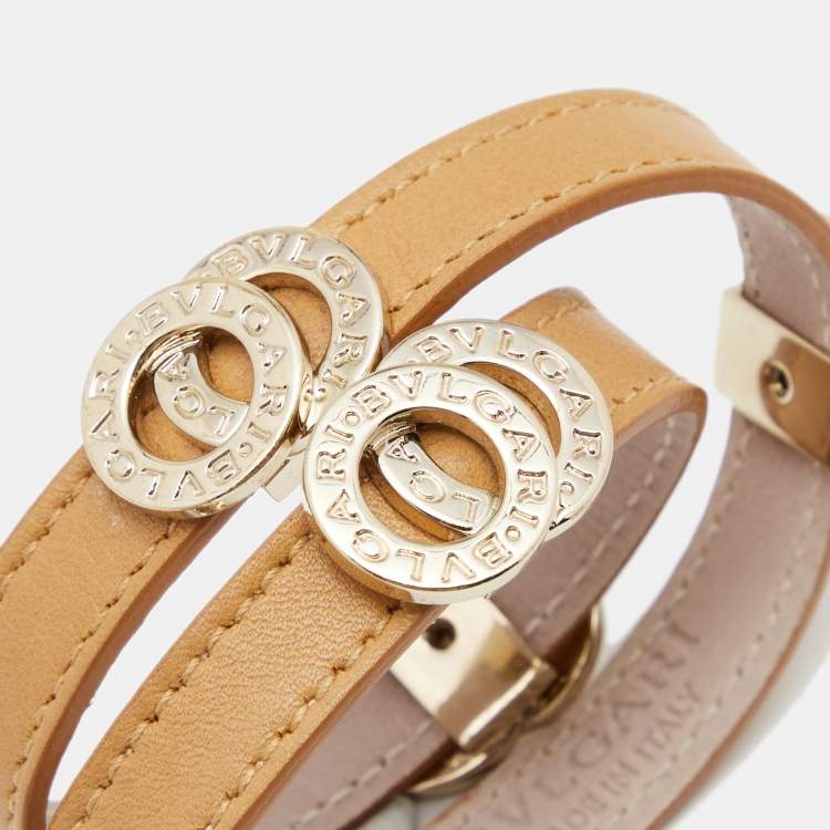Pre Owned Bvlgari Brown Leather Interlocking Rings Double Coiled Bracelet