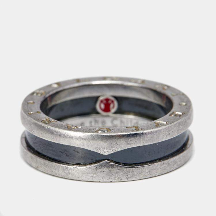 Pre Owned Bvlgari Save the Children 1-Band Black Ceramic Sterling Silver Ring Size 53