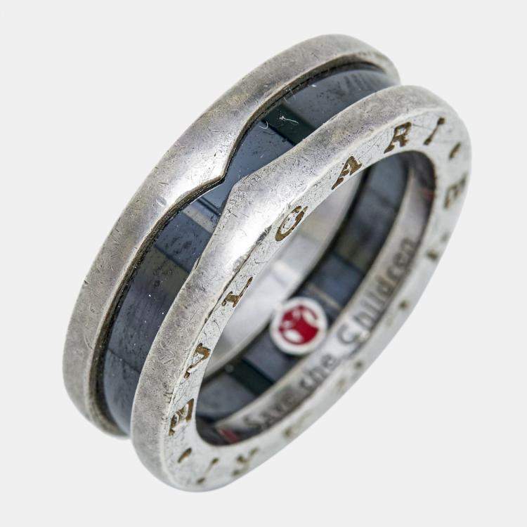 Pre Owned Bvlgari Save the Children 1-Band Black Ceramic Sterling Silver Ring Size 53