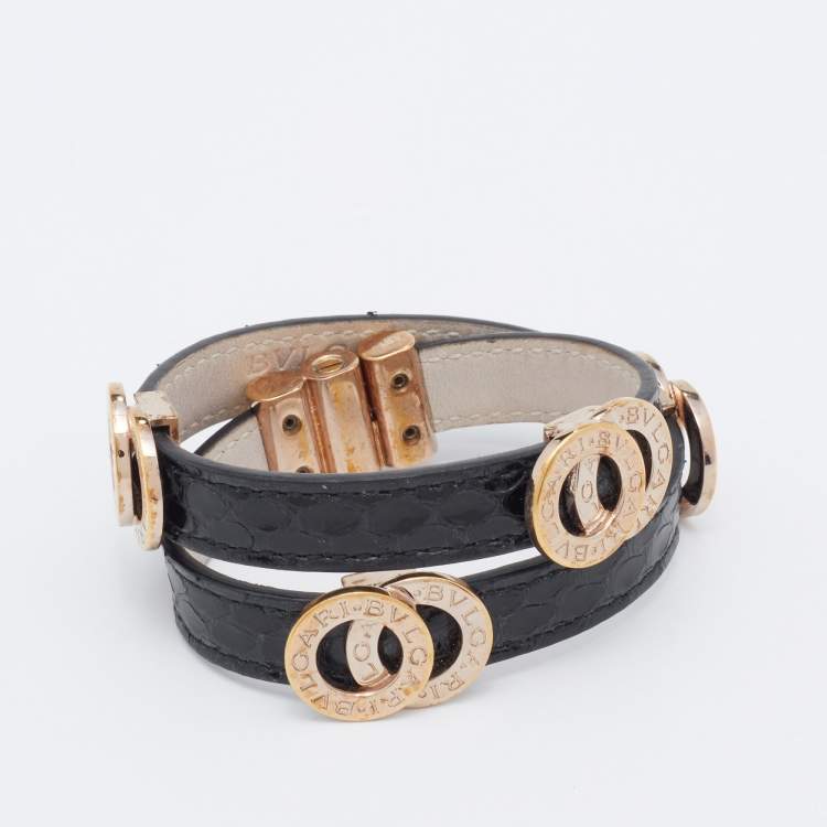 Pre Owned Bvlgari Black Leather Gold Tone Double Coiled Wrap Bracelet