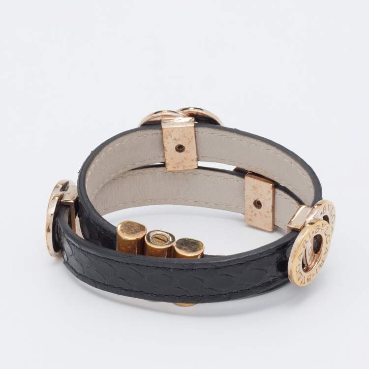 Pre Owned Bvlgari Black Leather Gold Tone Double Coiled Wrap Bracelet