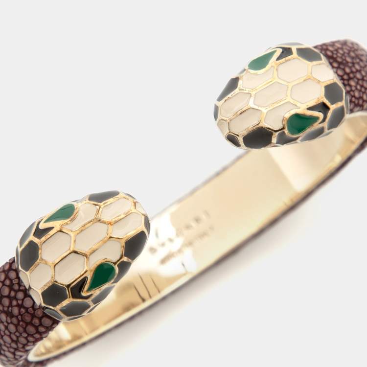 Pre Owned Bvlgari Serpenti Forever Galuchat Leather Gold Plated Open Cuff Bracelet