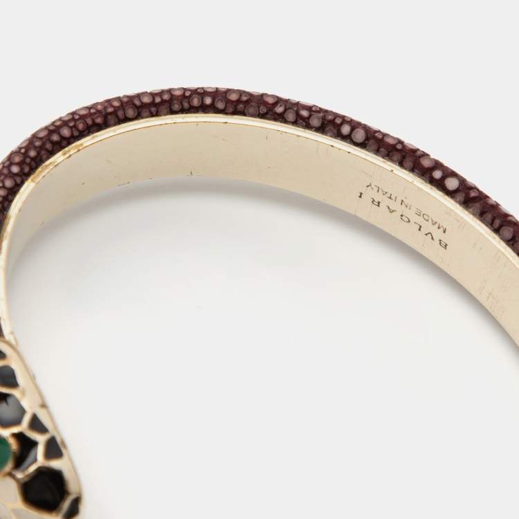 Pre Owned Bvlgari Serpenti Forever Galuchat Leather Gold Plated Open Cuff Bracelet