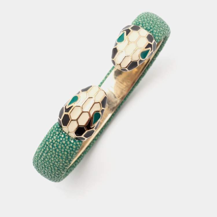 Pre Owned Bvlgari Serpenti Forever Leather Enamel Gold Plated Open Cuff Bracelet