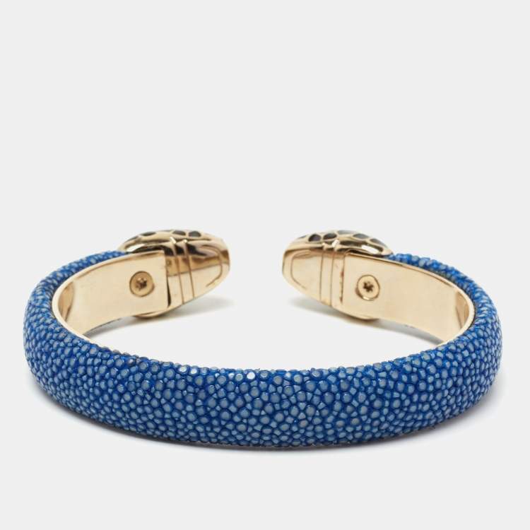 Pre Owned Bvlgari Serpenti Forever Blue Galuchat Leather Open Cuff Bracelet