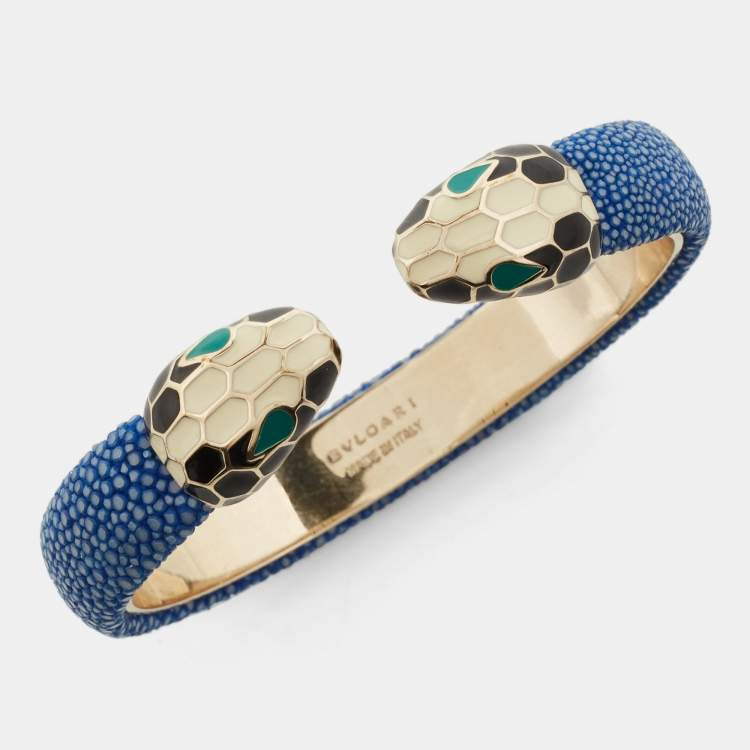 Pre Owned Bvlgari Serpenti Forever Blue Galuchat Leather Open Cuff Bracelet