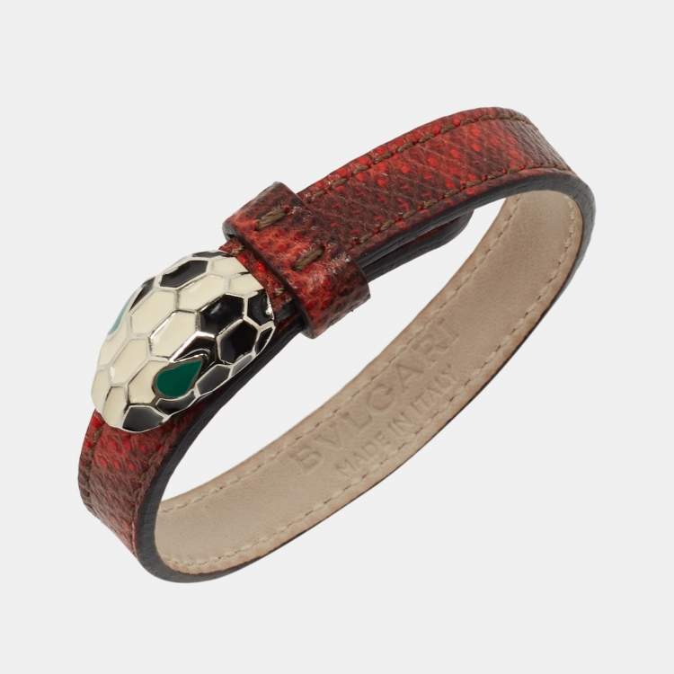 مملوكة مسبقًا Bvlgari Serpenti Forever Snakeskin Leather Enamel Silver Tone Bracelet