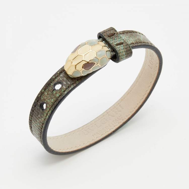 Pre Owned Bvlgari Serpenti Forever Enamel Gold Plated Green Exotic Leather Bracelet