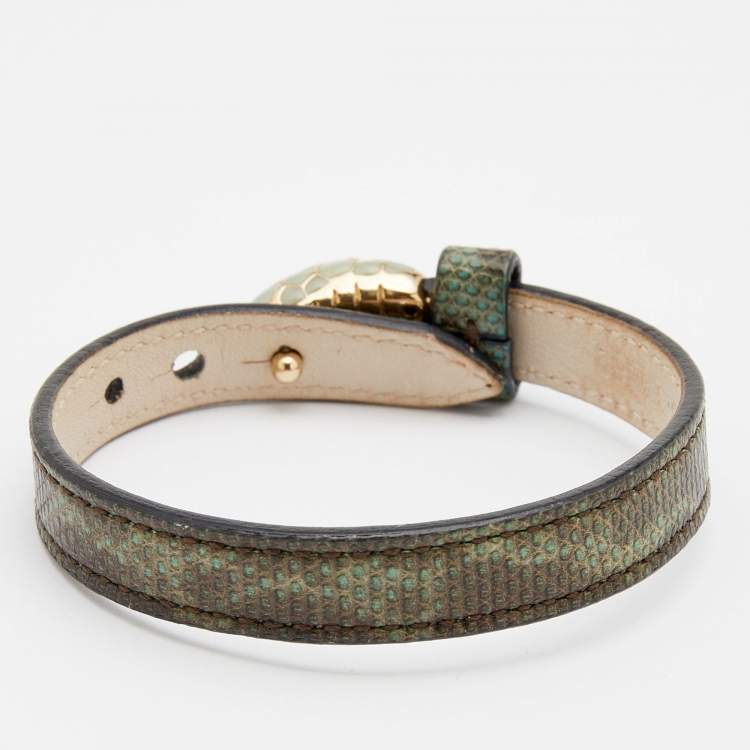 Pre Owned Bvlgari Serpenti Forever Enamel Gold Plated Green Exotic Leather Bracelet