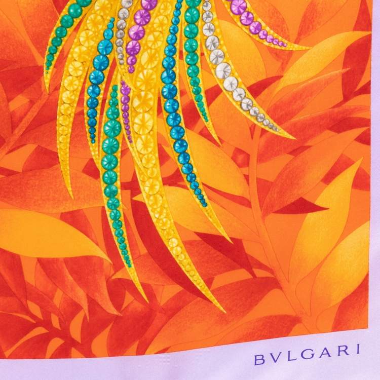 Pre Owned Bvlgari Orange Bejeweled Bird Print Silk Scarf