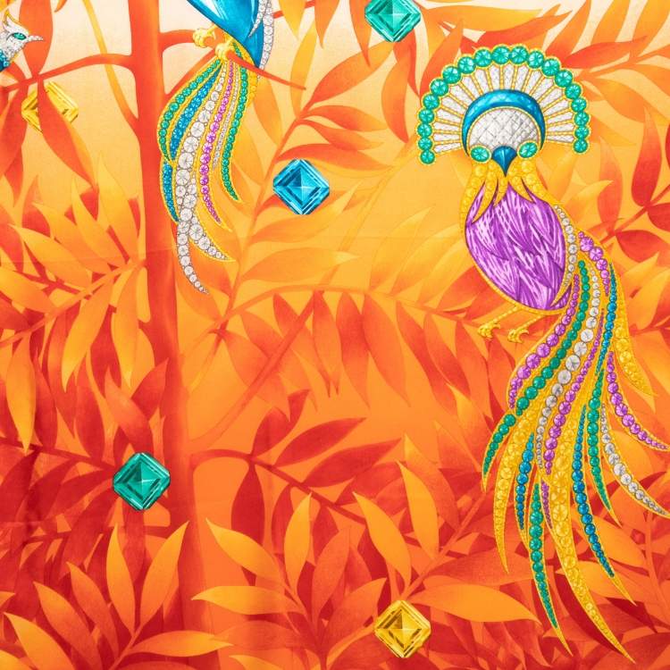 Pre Owned Bvlgari Orange Bejeweled Bird Print Silk Scarf