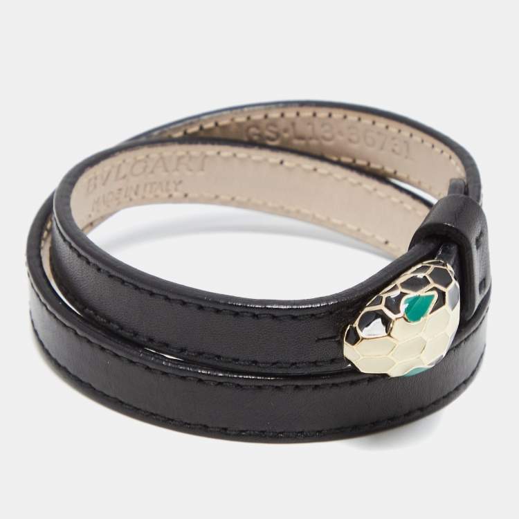 Pre Owned Bvlgari Black Leather Serpenti Forever Double Wrap Bracelet