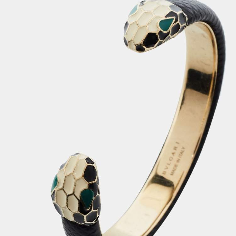 Pre Owned Bvlgari Serpenti Forever Black Leather Open Cuff Bracelet 